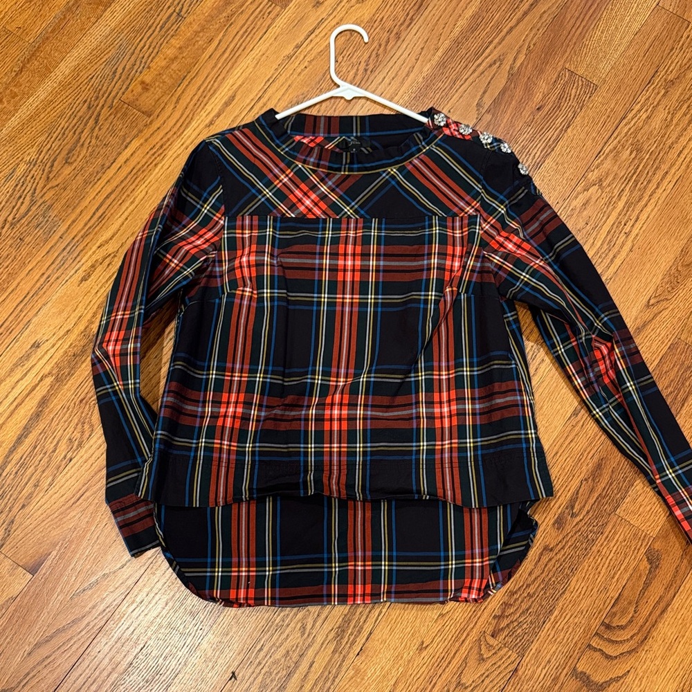 J. Crew Black and Red Plaid Long Sleeve Button-Shoulder Blouse